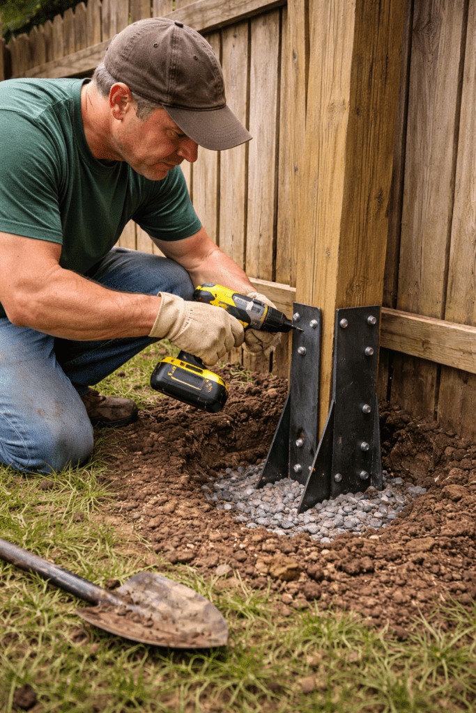 Man Attaching Metal Brackets to Wooden Fence Post