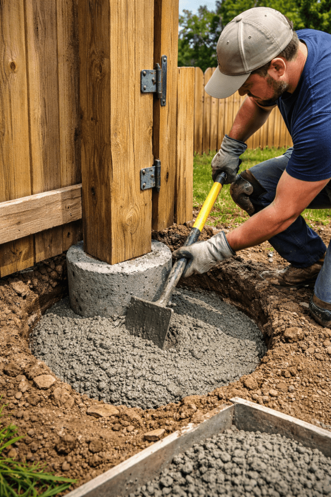 Man Installing a Wood Gate Post Using a Concrete Collar