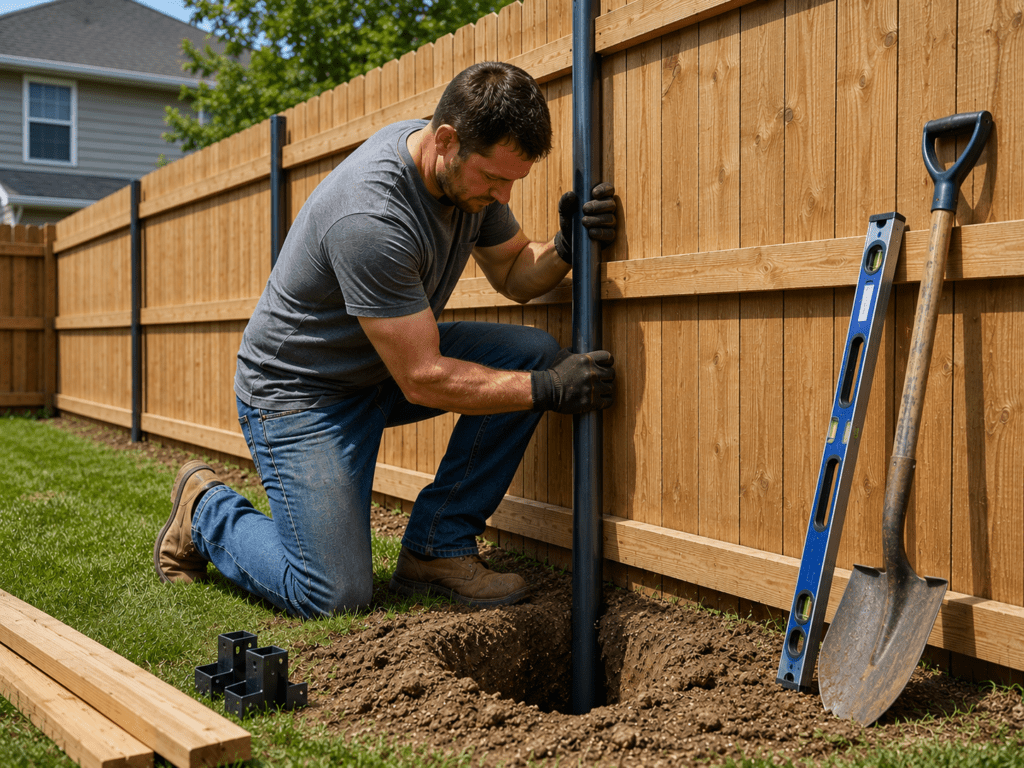 Man Installing Metal Fence Posts
