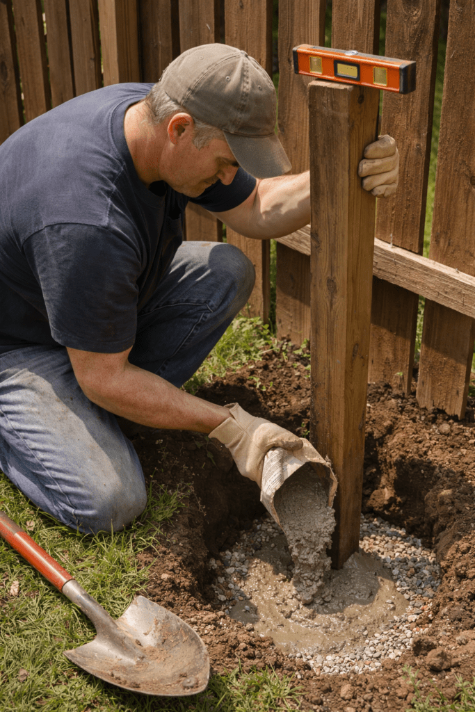 Man Resetting Fence Post with Concrete