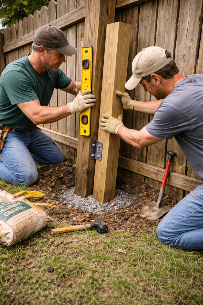 2 Men Installing a Sister Post Next to a leaning Fence Post to Add Support
