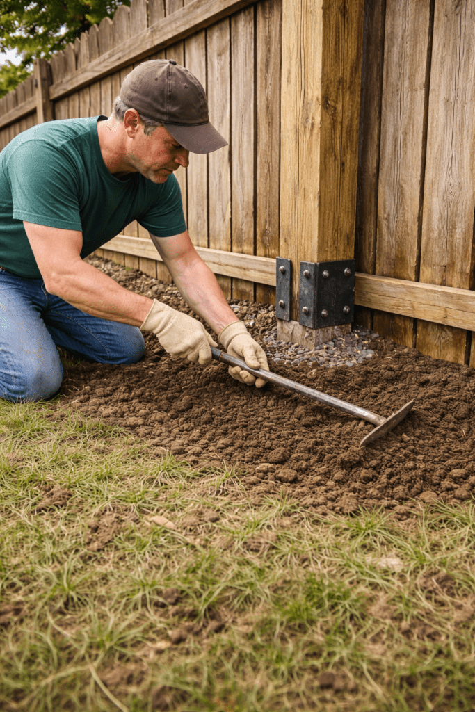 Man Sloping Soil Away from Base of Fence Post